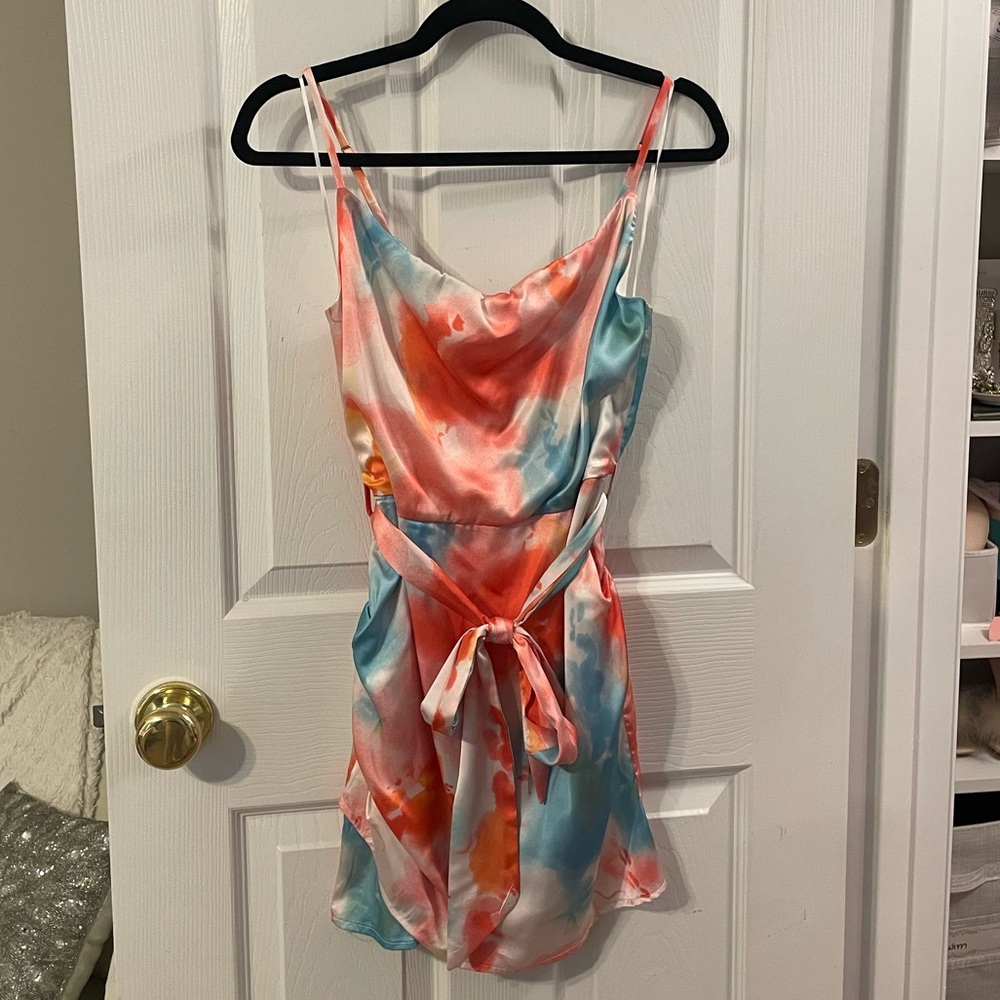 Vibrant Satin Mini Dress with Tie-Dye Design
